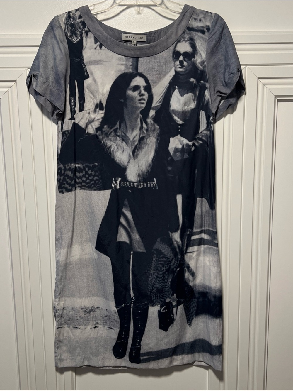 See by Chloé - Graphic Print 100% Silk Shift Dress in Black & Gray
